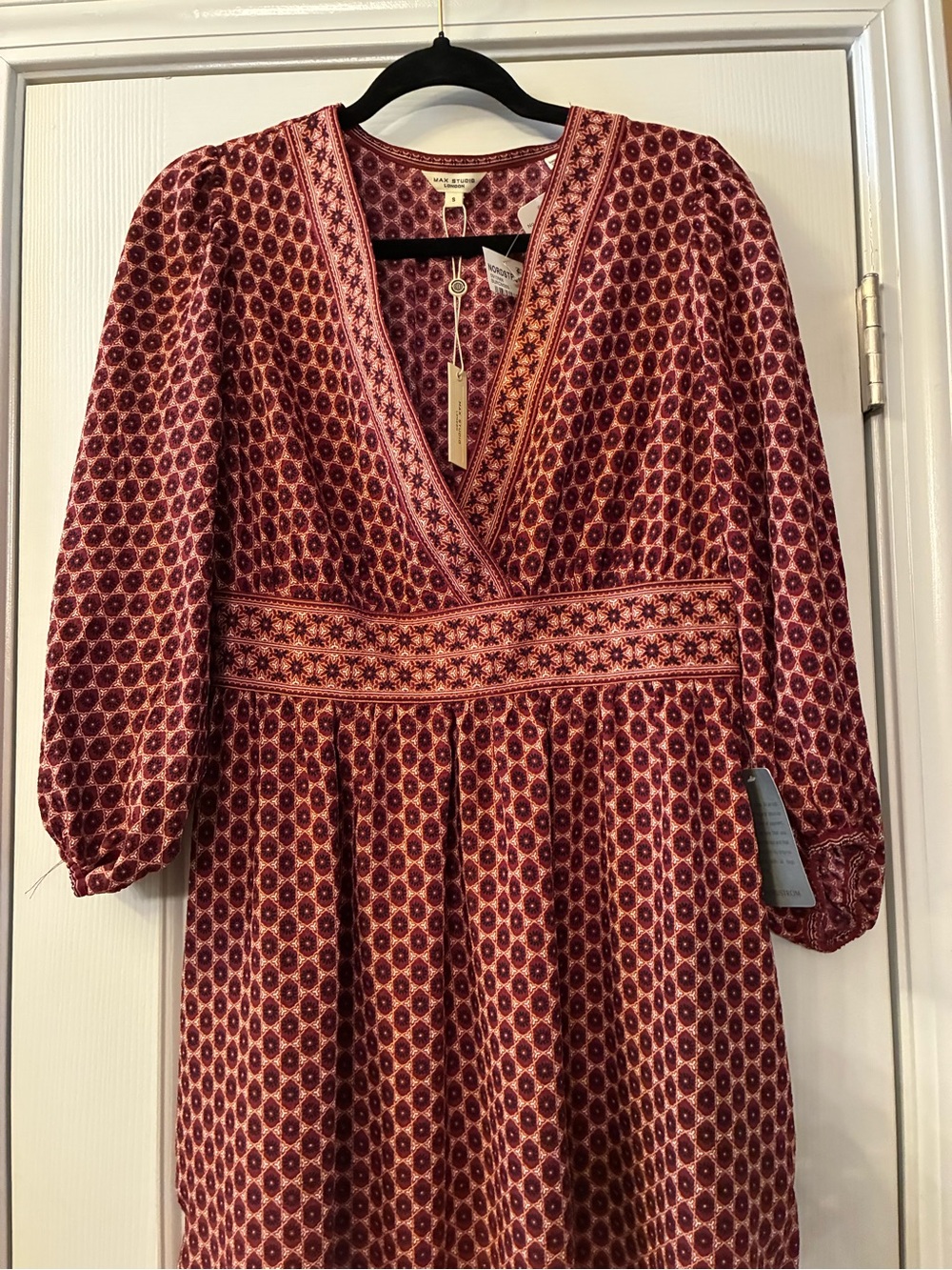 Max Studio Red Printed Wrap-Style Long Sleeve Dress